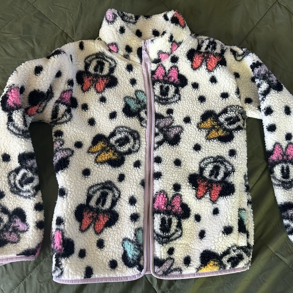 Disney Minnie Mouse Sherpa Zip Up Sweater Jacket Coat White Pink Trim Kid Size 8